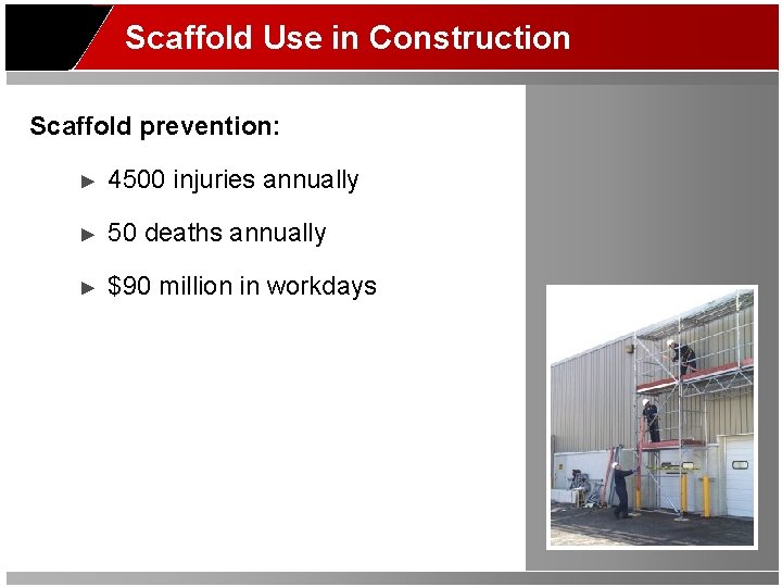 Scaffold Use in Construction Scaffold prevention: ► 4500 injuries annually ► 50 deaths annually