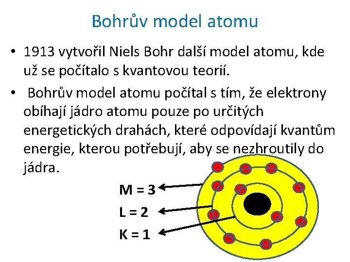 Bohrův model atomu • 1913 vytvořil Niels Bohr další model atomu, kde už se