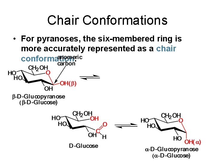 Chair Conformations • For pyranoses, the six-membered ring is more accurately represented as a