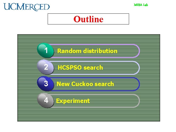 MESA Lab Outline 1 Random distribution 2 HCSPSO search 3 New Cuckoo search 4