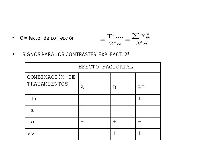  • C = factor de corrección • SIGNOS PARA LOS CONTRASTES EXP. FACT.