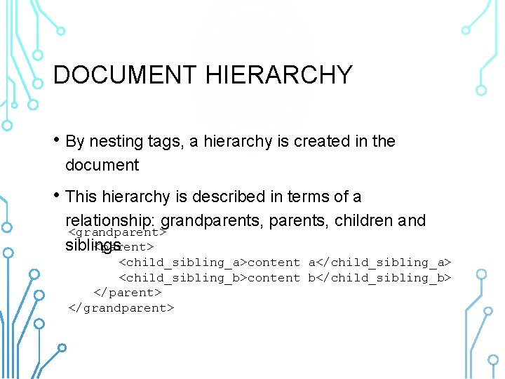 DOCUMENT HIERARCHY • By nesting tags, a hierarchy is created in the document •