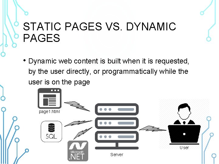 STATIC PAGES VS. DYNAMIC PAGES • Dynamic web content is built when it is