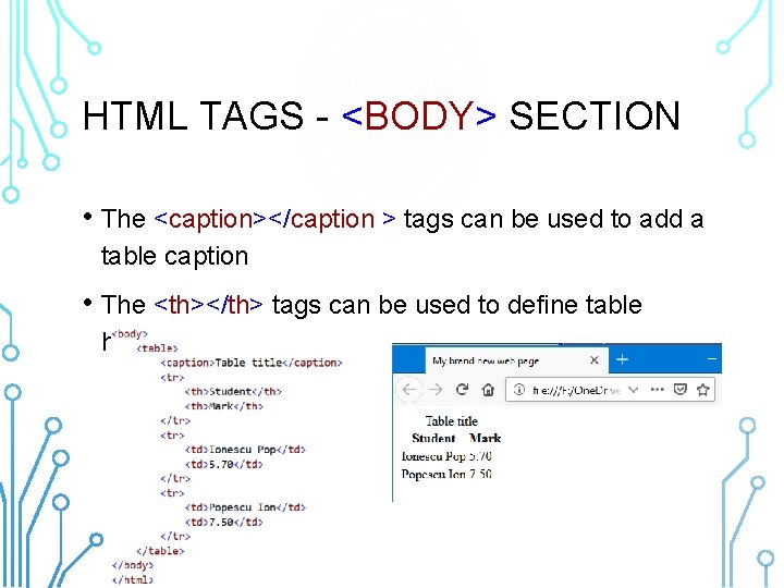 HTML TAGS - <BODY> SECTION • The <caption></caption > tags can be used to