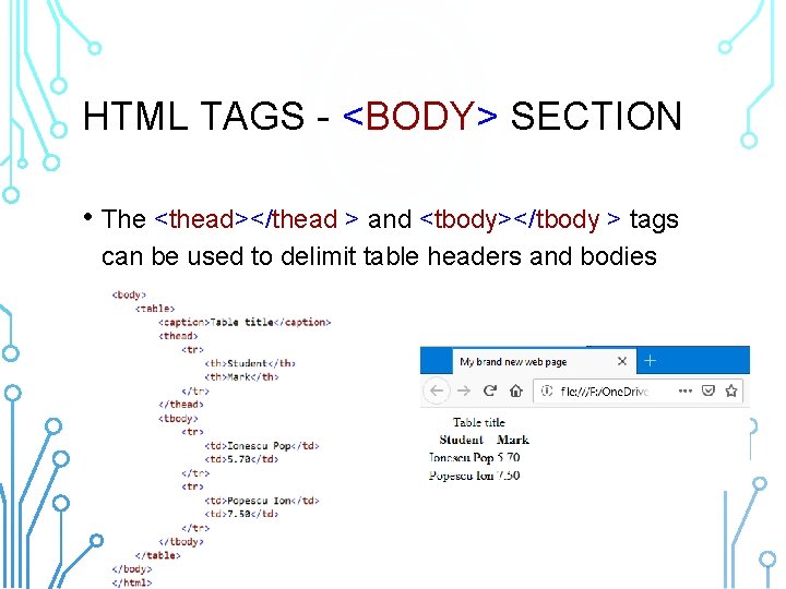 HTML TAGS - <BODY> SECTION • The <thead></thead > and <tbody></tbody > tags can