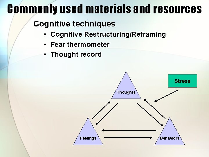 Commonly used materials and resources Cognitive techniques • Cognitive Restructuring/Reframing • Fear thermometer •