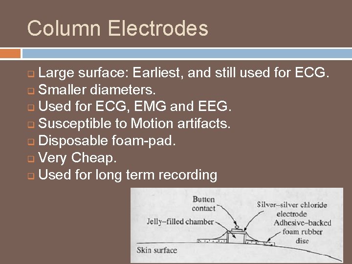 Column Electrodes Large surface: Earliest, and still used for ECG. q Smaller diameters. q