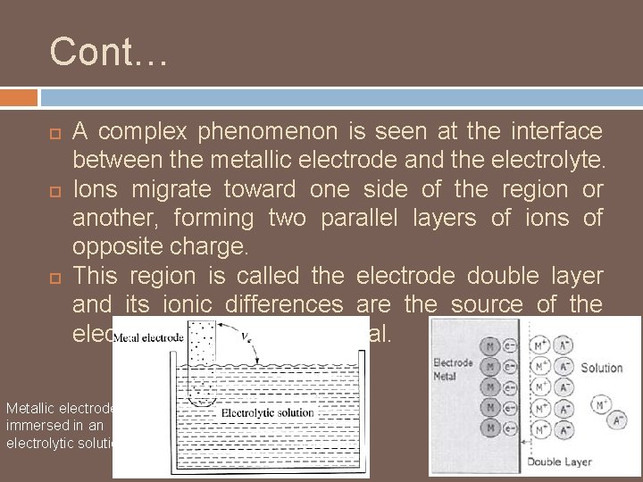 Cont… A complex phenomenon is seen at the interface between the metallic electrode and