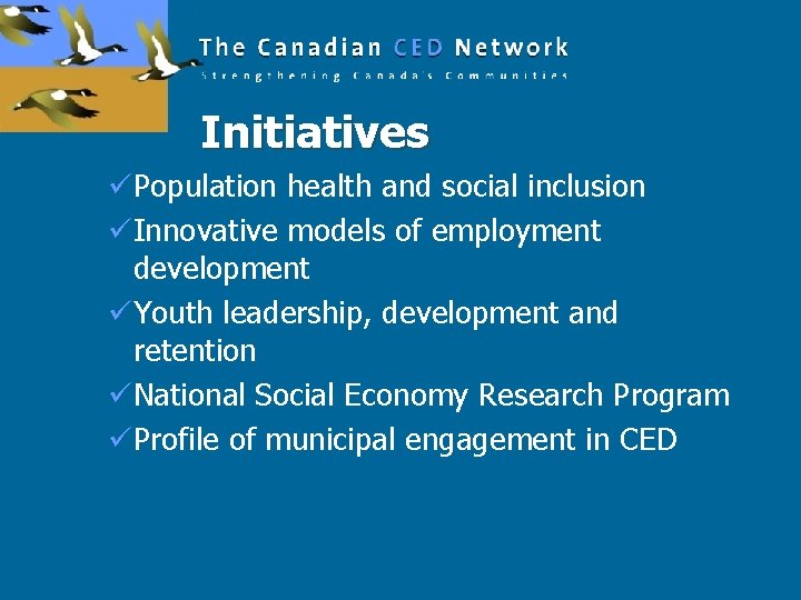 Initiatives üPopulation health and social inclusion üInnovative models of employment development üYouth leadership, development
