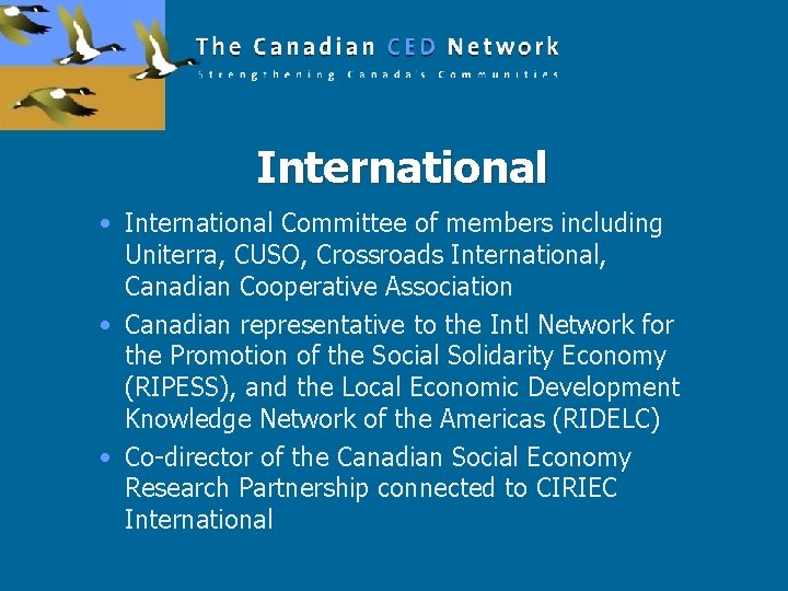 International • International Committee of members including Uniterra, CUSO, Crossroads International, Canadian Cooperative Association