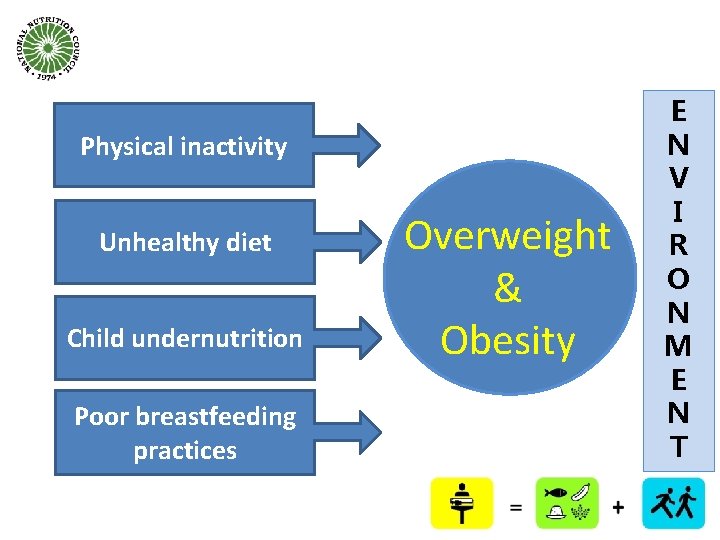 Physical inactivity Unhealthy diet Child undernutrition Poor breastfeeding practices Overweight & Obesity E N