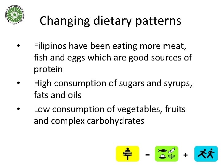 Changing dietary patterns • • • Filipinos have been eating more meat, fish and