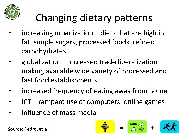 Changing dietary patterns • • • increasing urbanization – diets that are high in