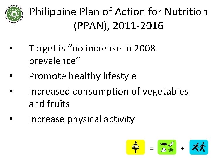 Philippine Plan of Action for Nutrition (PPAN), 2011 -2016 • • Target is “no