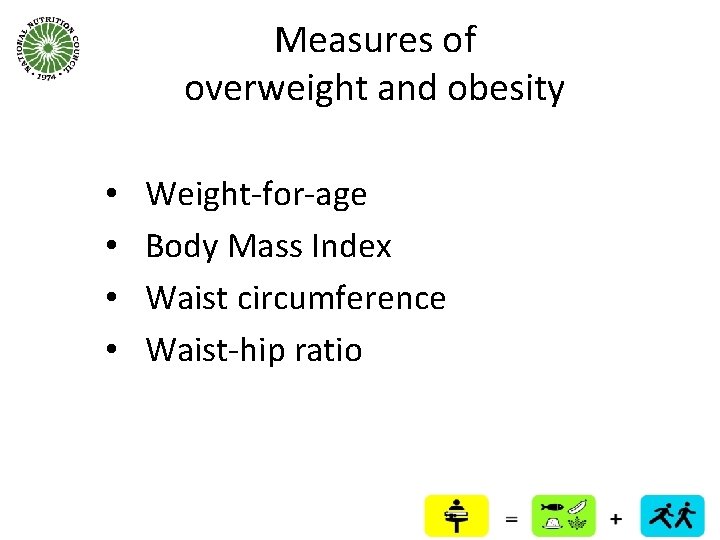 Measures of overweight and obesity • • Weight-for-age Body Mass Index Waist circumference Waist-hip