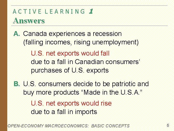 ACTIVE LEARNING 1 Answers A. Canada experiences a recession (falling incomes, rising unemployment) U.