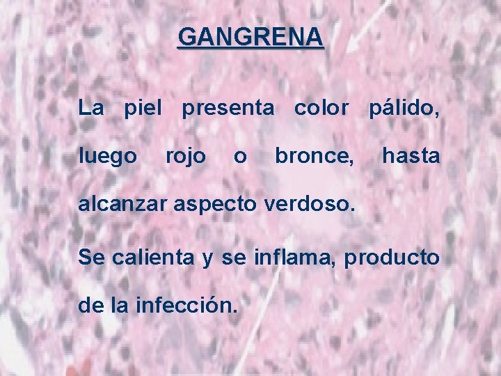 GANGRENA La piel presenta color pálido, luego rojo o bronce, hasta alcanzar aspecto verdoso.