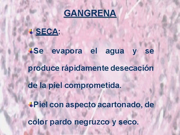 GANGRENA SECA: SECA Se evapora el agua y se produce rápidamente desecación de la