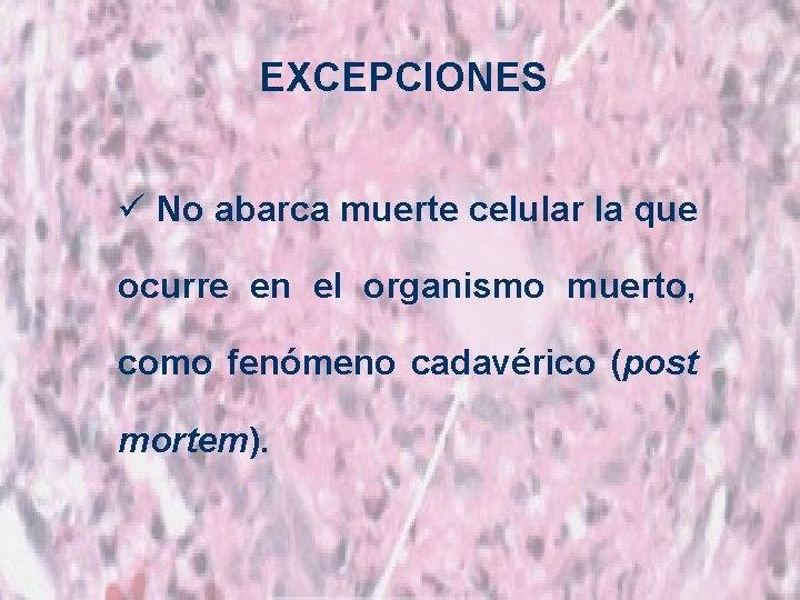 EXCEPCIONES ü No abarca muerte celular la que ocurre en el organismo muerto, como