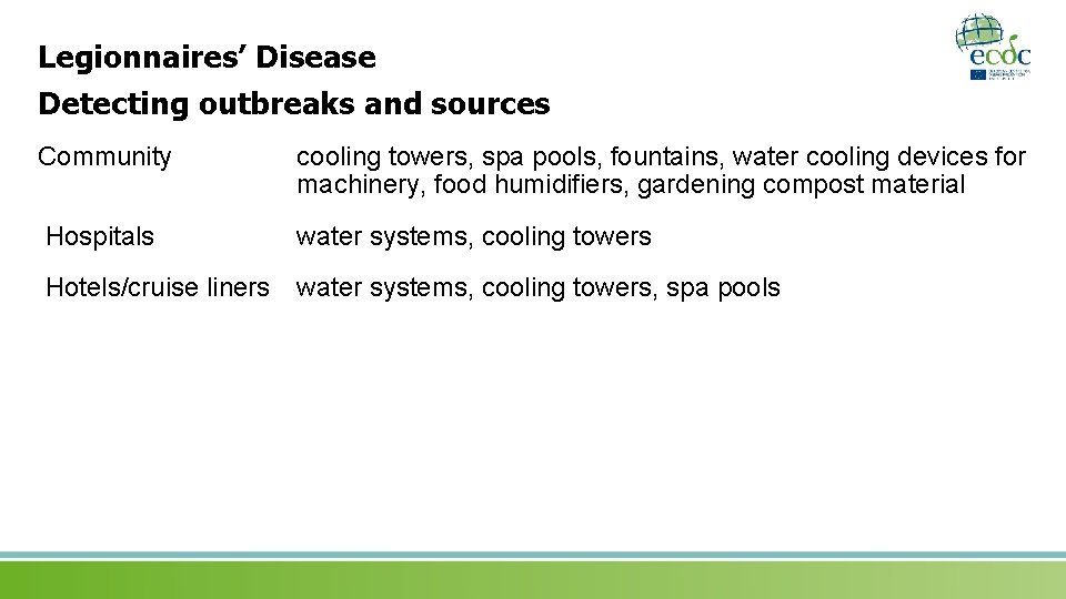 Legionnaires’ Disease Detecting outbreaks and sources Community cooling towers, spa pools, fountains, water cooling