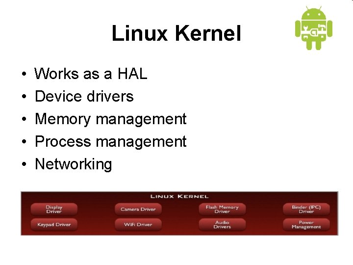 Linux Kernel • • • Works as a HAL Device drivers Memory management Process