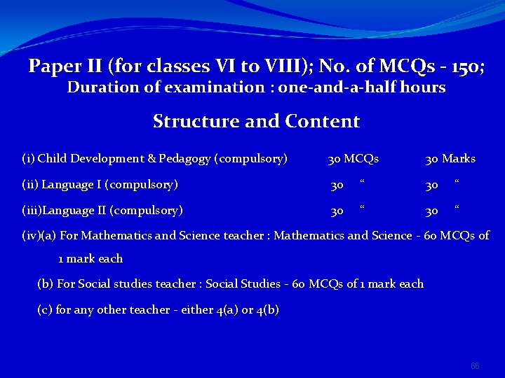 Paper II (for classes VI to VIII); No. of MCQs - 150; Duration of