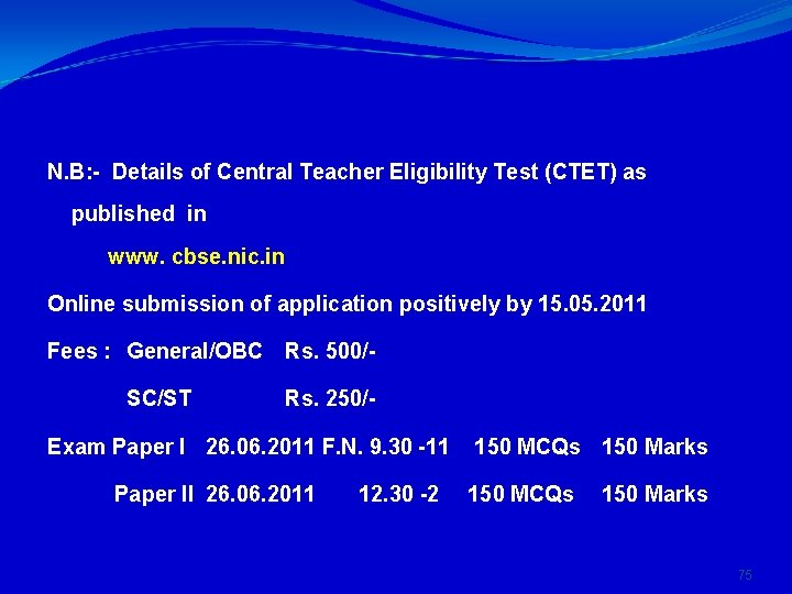 N. B: - Details of Central Teacher Eligibility Test (CTET) as published in www.