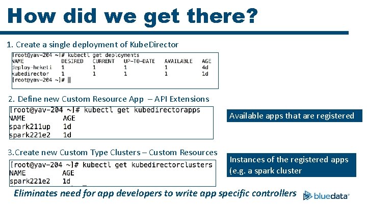 How did we get there? 1. Create a single deployment of Kube. Director 2.
