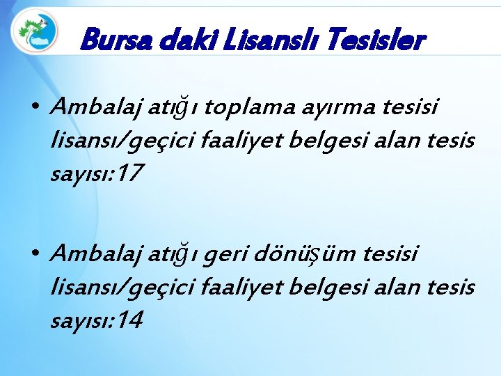 Bursa daki Lisanslı Tesisler • Ambalaj atığı toplama ayırma tesisi lisansı/geçici faaliyet belgesi alan