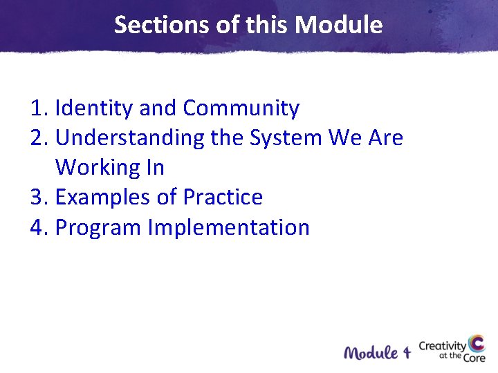 Sections of this Module 1. Identity and Community 2. Understanding the System We Are