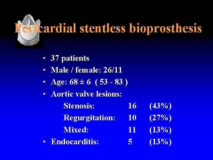 Pericardial stentless bioprosthesis • • 37 patients Male / female: 26/11 Age: 68 ±
