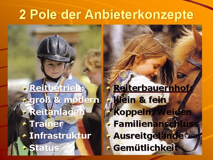 2 Pole der Anbieterkonzepte Reitbetrieb: groß & modern Reitanlagen Trainer Infrastruktur Status Reiterbauernhof: klein