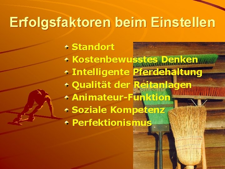 Erfolgsfaktoren beim Einstellen Standort Kostenbewusstes Denken Intelligente Pferdehaltung Qualität der Reitanlagen Animateur-Funktion Soziale Kompetenz