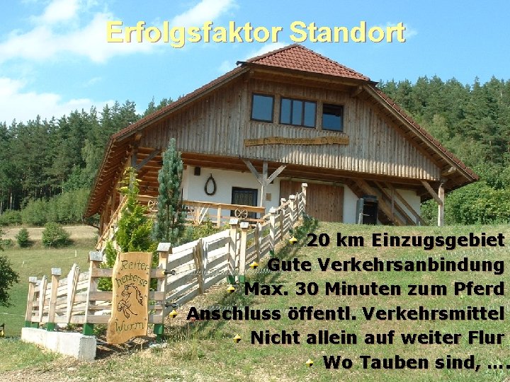 Erfolgsfaktor Standort 20 km Einzugsgebiet Gute Verkehrsanbindung Max. 30 Minuten zum Pferd Anschluss öffentl.