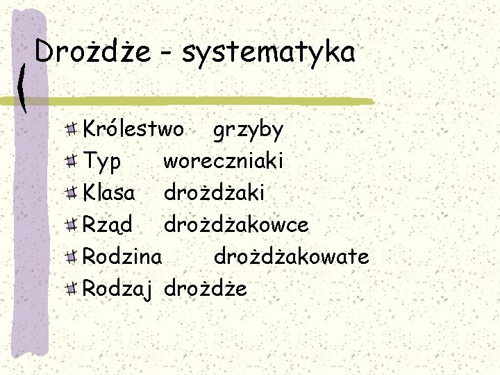 Drożdże - systematyka Królestwo grzyby Typ woreczniaki Klasa drożdżaki Rząd drożdżakowce Rodzina drożdżakowate Rodzaj