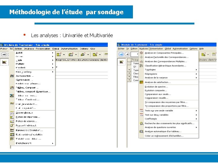 Méthodologie de l’étude par sondage • Les analyses : Univariée et Multivariée 