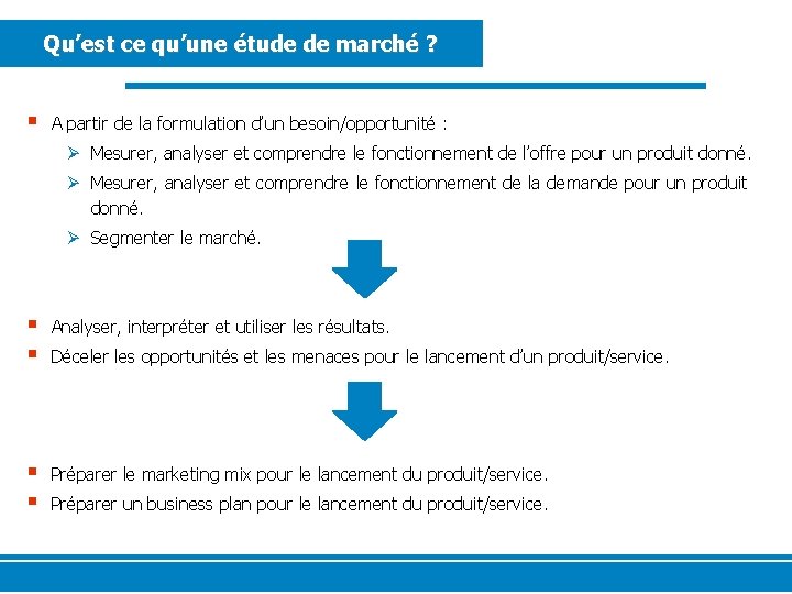 Qu’est ce qu’une étude de marché ? § A partir de la formulation d’un