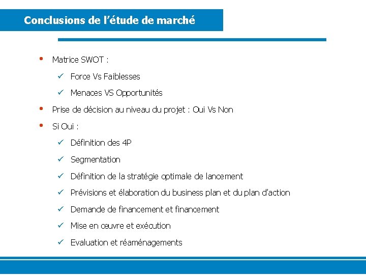 Conclusions de l’étude de marché • Matrice SWOT : ü Force Vs Faiblesses ü