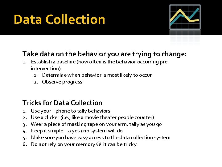 Data Collection Take data on the behavior you are trying to change: 1. Establish