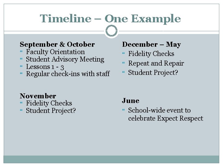 Timeline – One Example September & October Faculty Orientation Student Advisory Meeting Lessons 1