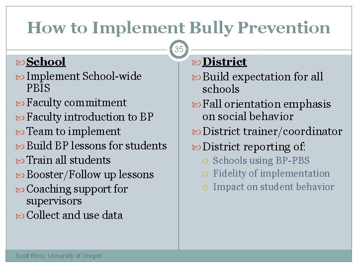 How to Implement Bully Prevention 35 School Implement School-wide PBIS Faculty commitment Faculty introduction