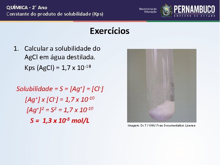 QUÍMICA - 2° Ano Constante do produto de solubilidade (Kps) Exercícios 1. Calcular a