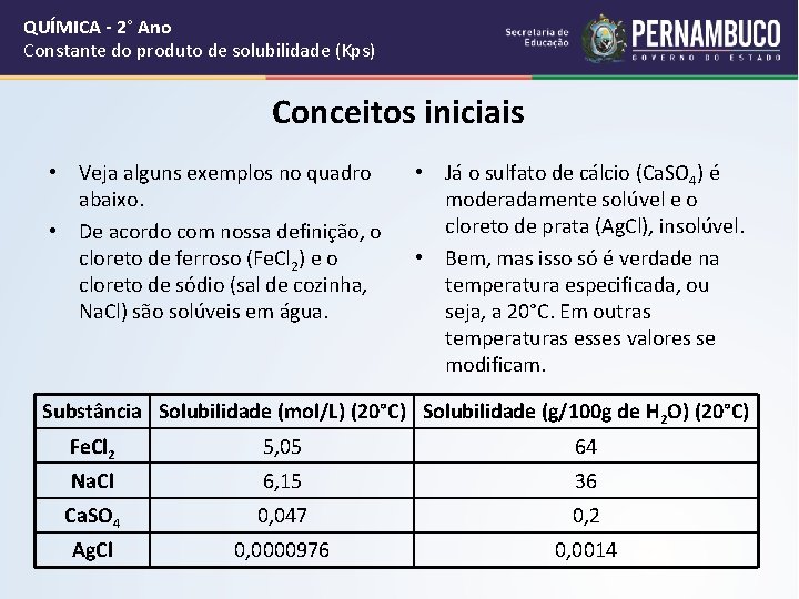 QUÍMICA - 2° Ano Constante do produto de solubilidade (Kps) Conceitos iniciais • Veja