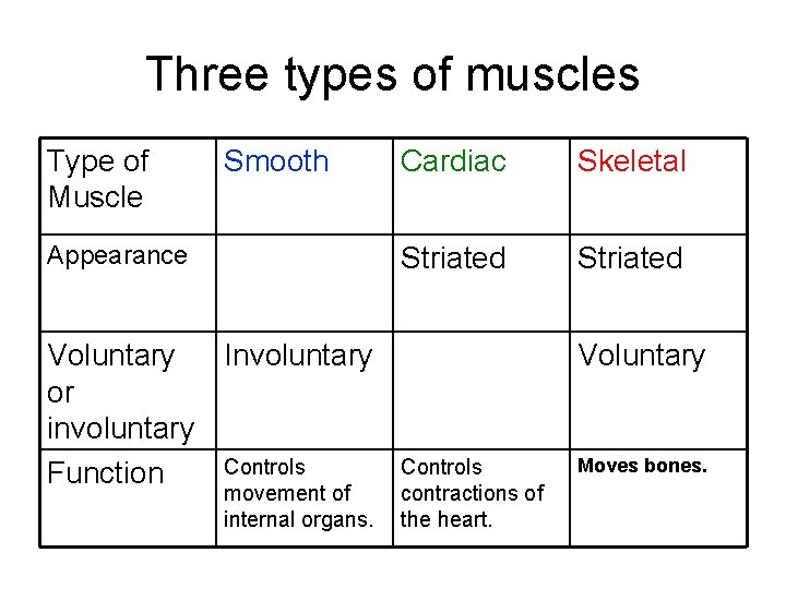 Three types of muscles Type of Muscle Smooth Appearance Voluntary Involuntary or involuntary Controls