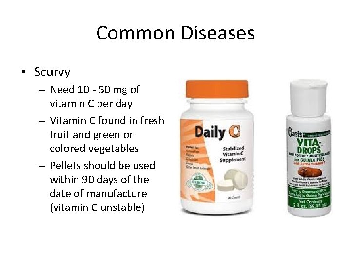 Common Diseases • Scurvy – Need 10 - 50 mg of vitamin C per