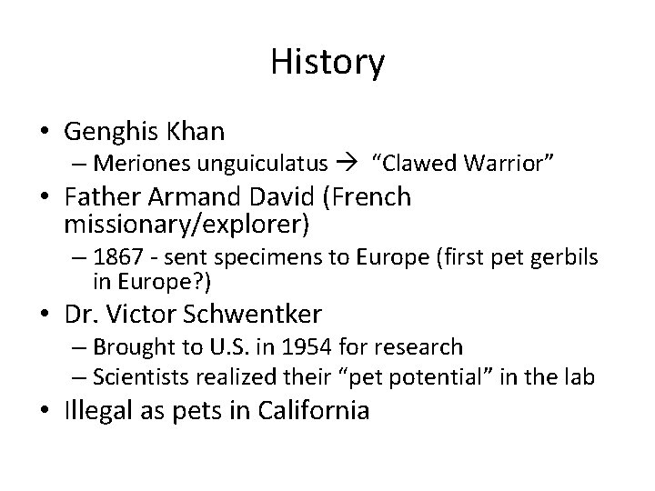 History • Genghis Khan – Meriones unguiculatus “Clawed Warrior” • Father Armand David (French