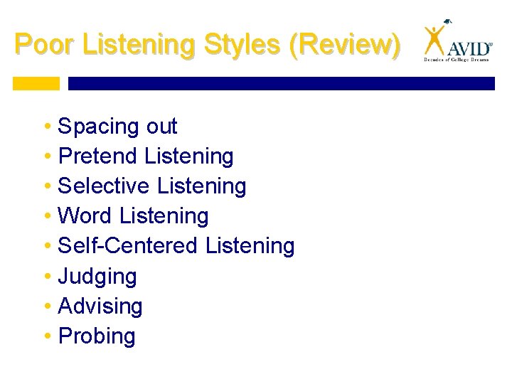 Poor Listening Styles (Review) • Spacing out • Pretend Listening • Selective Listening •