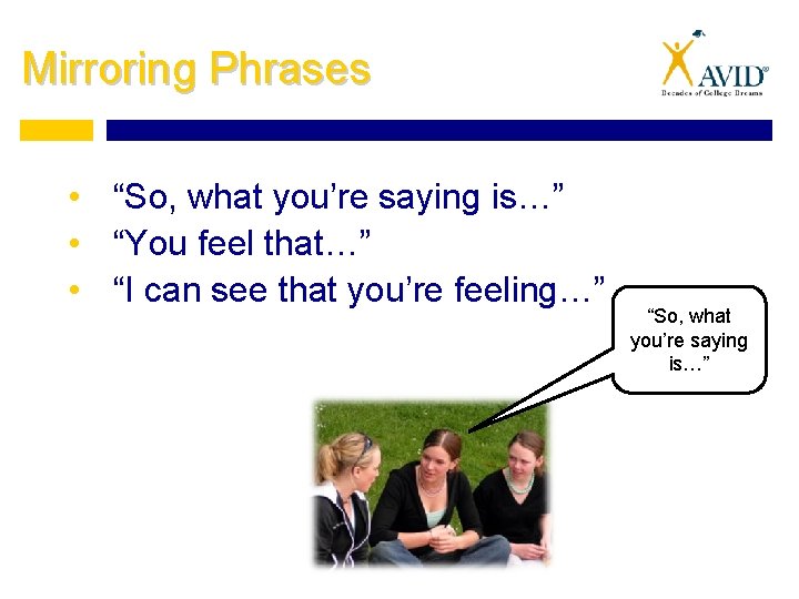 Mirroring Phrases • “So, what you’re saying is…” • “You feel that…” • “I