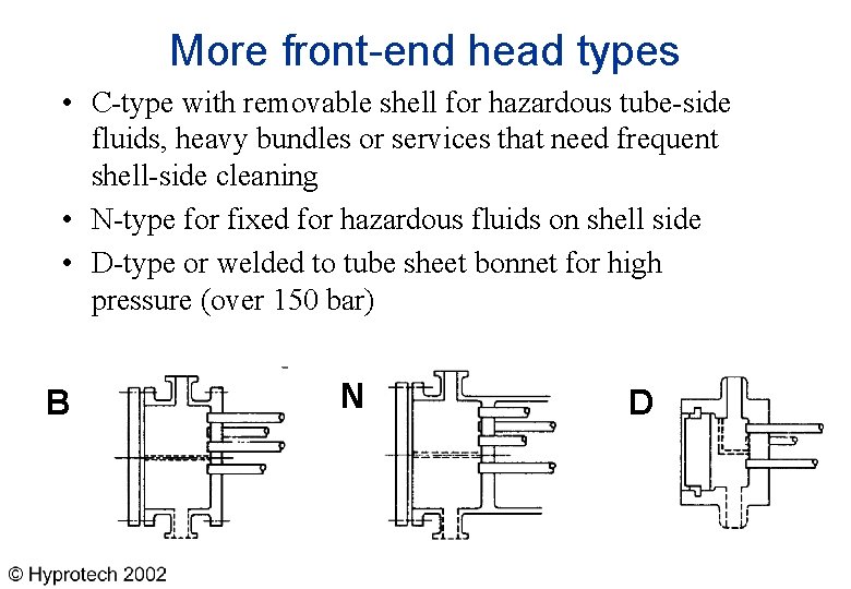 More front-end head types • C-type with removable shell for hazardous tube-side fluids, heavy