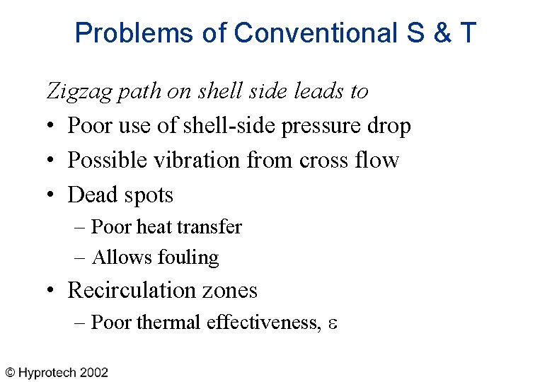 Problems of Conventional S & T Zigzag path on shell side leads to •